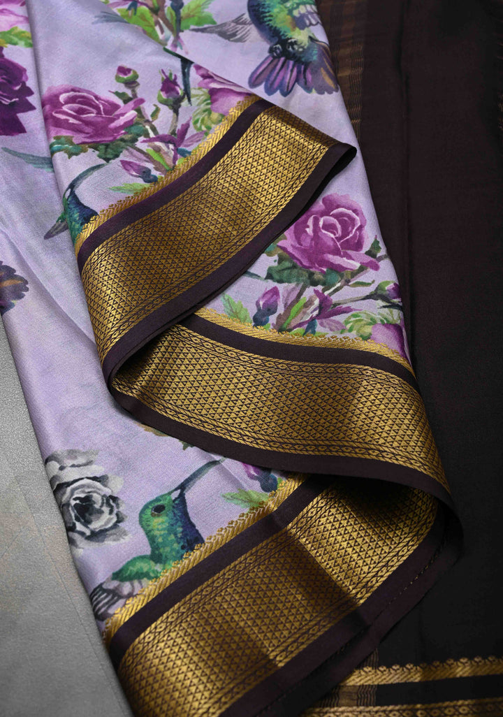Lilac Pure Mysore Crepe Silk Sarees with Floral Digital Print and Fancy Borders | SILK MARK CERTIFIED