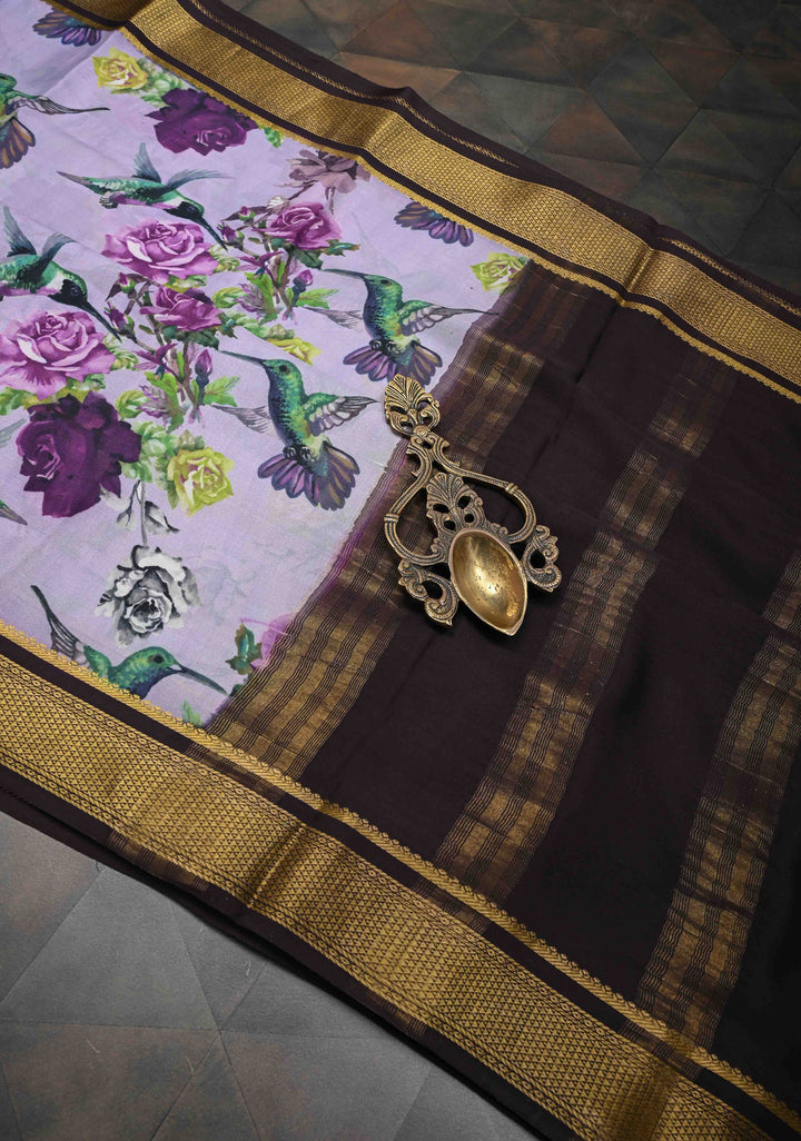 Lilac Pure Mysore Crepe Silk Sarees with Floral Digital Print and Fancy Borders | SILK MARK CERTIFIED