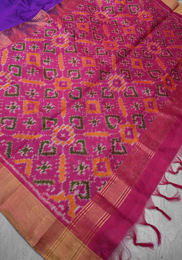 Warm Purple Pure Raw Silk Saree with Tissue Zari Border and Ikkat Pallu | SILK MARK CERTIFIED