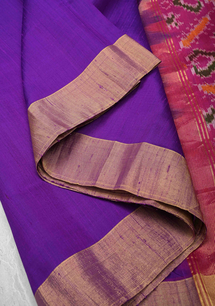 Warm Purple Pure Raw Silk Saree with Tissue Zari Border and Ikkat Pallu | SILK MARK CERTIFIED