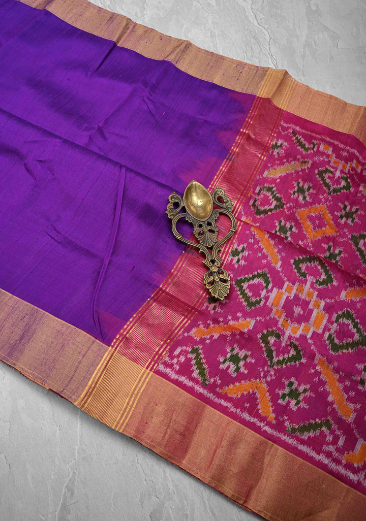 Warm Purple Pure Raw Silk Saree with Tissue Zari Border and Ikkat Pallu | SILK MARK CERTIFIED