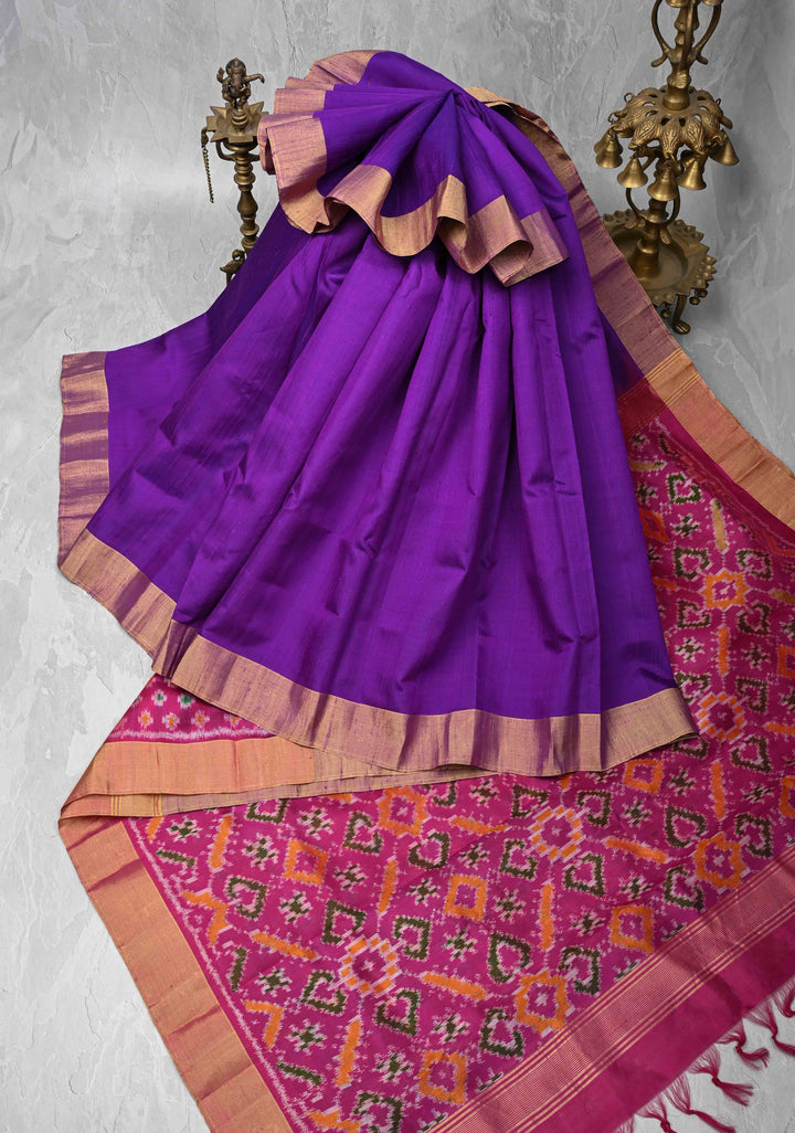 Warm Purple Pure Raw Silk Saree with Tissue Zari Border and Ikkat Pallu | SILK MARK CERTIFIED