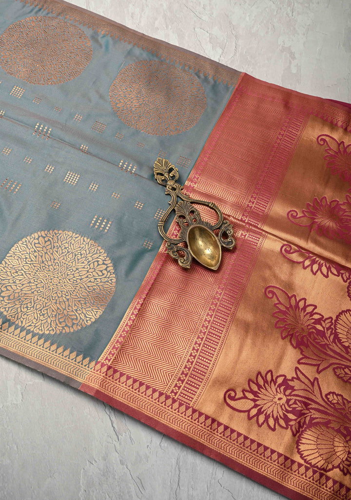Teal Dual tone Kanchi Semi Silk Saree with Zari Buttas and Mandala Motifs on Minimal Zari Border