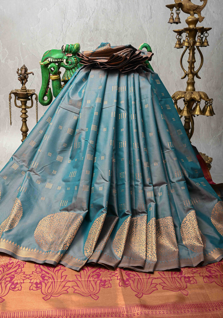 Teal Dual tone Kanchi Semi Silk Saree with Zari Buttas and Mandala Motifs on Minimal Zari Border