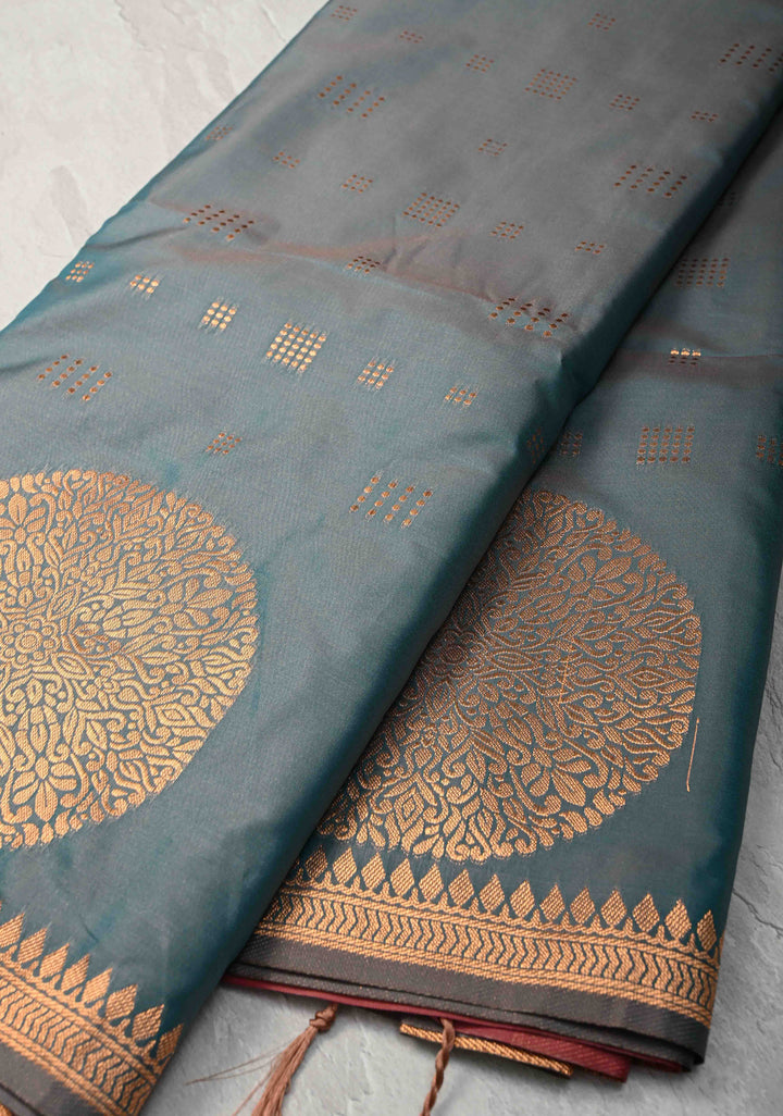 Teal Dual tone Kanchi Semi Silk Saree with Zari Buttas and Mandala Motifs on Minimal Zari Border