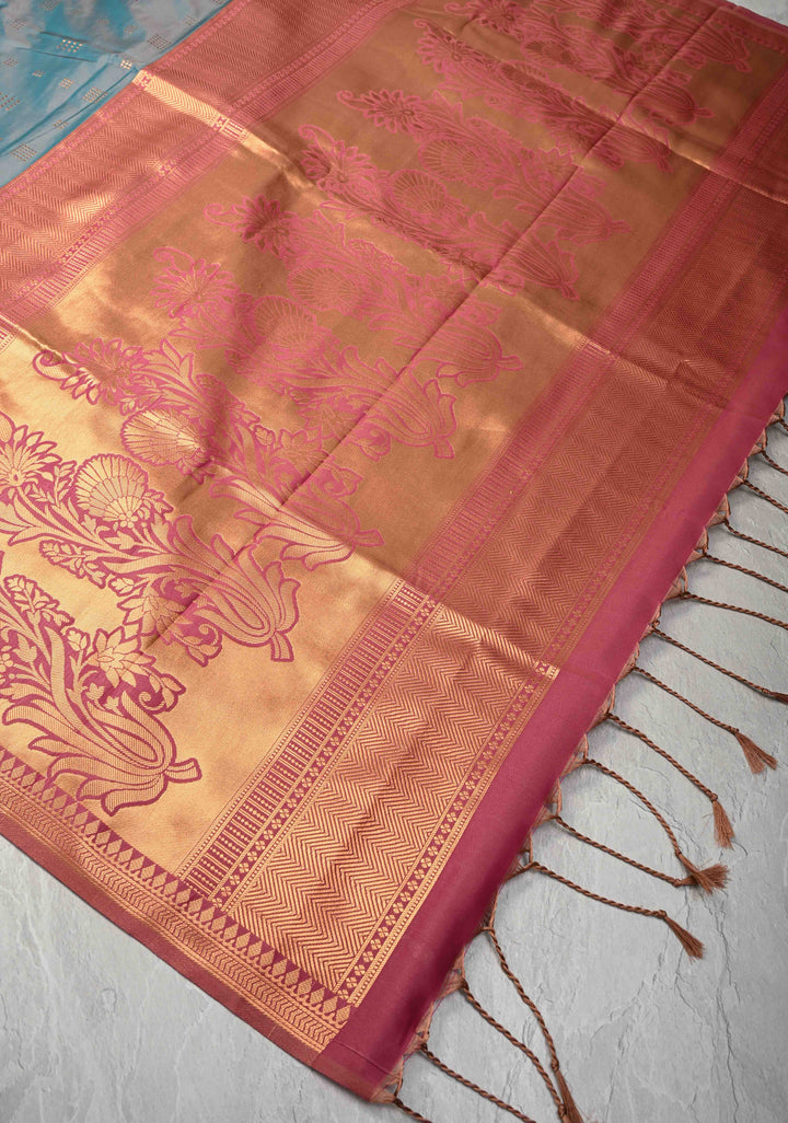 Teal Dual tone Kanchi Semi Silk Saree with Zari Buttas and Mandala Motifs on Minimal Zari Border