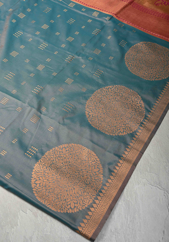 Teal Dual tone Kanchi Semi Silk Saree with Zari Buttas and Mandala Motifs on Minimal Zari Border