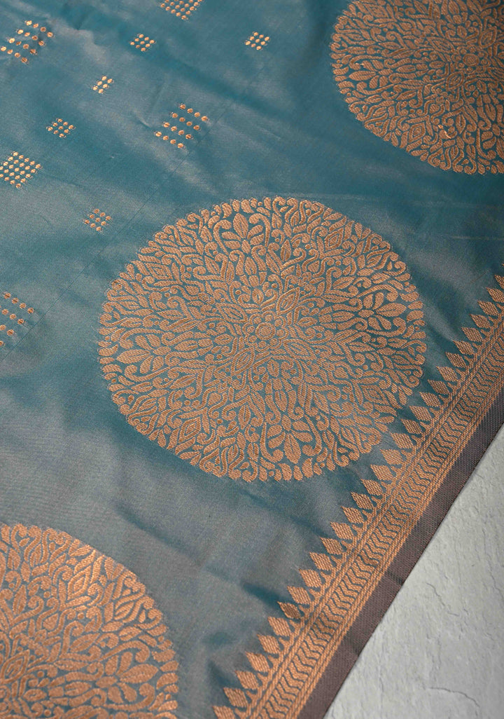 Teal Dual tone Kanchi Semi Silk Saree with Zari Buttas and Mandala Motifs on Minimal Zari Border