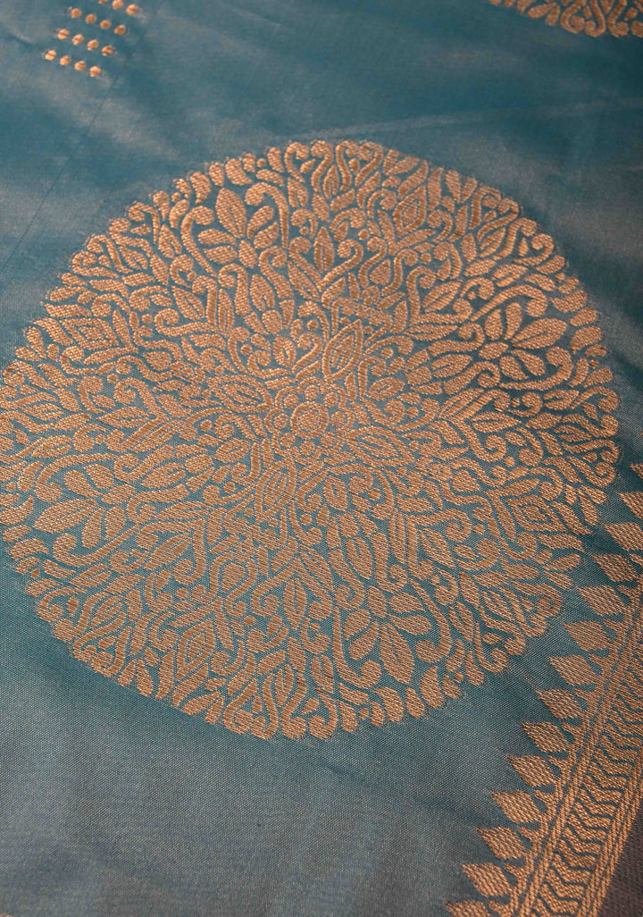 Teal Dual tone Kanchi Semi Silk Saree with Zari Buttas and Mandala Motifs on Minimal Zari Border