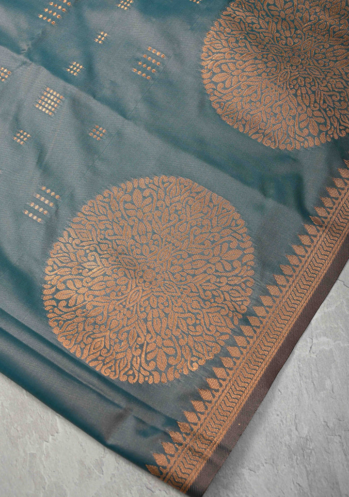 Teal Dual tone Kanchi Semi Silk Saree with Zari Buttas and Mandala Motifs on Minimal Zari Border