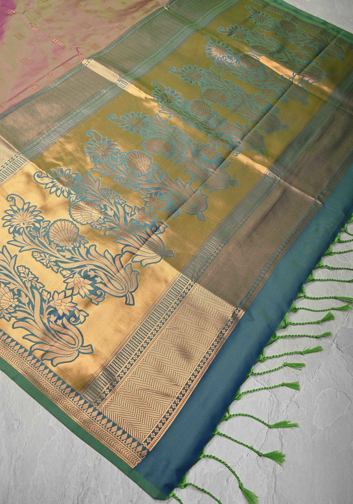 Green Dual tone Kanchi Semi Silk Saree with Zari Buttas and Mandala Motifs on Minimal Zari Border