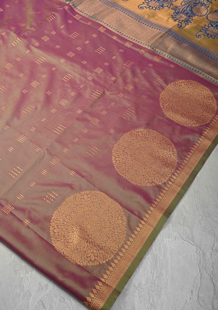 Green Dual tone Kanchi Semi Silk Saree with Zari Buttas and Mandala Motifs on Minimal Zari Border