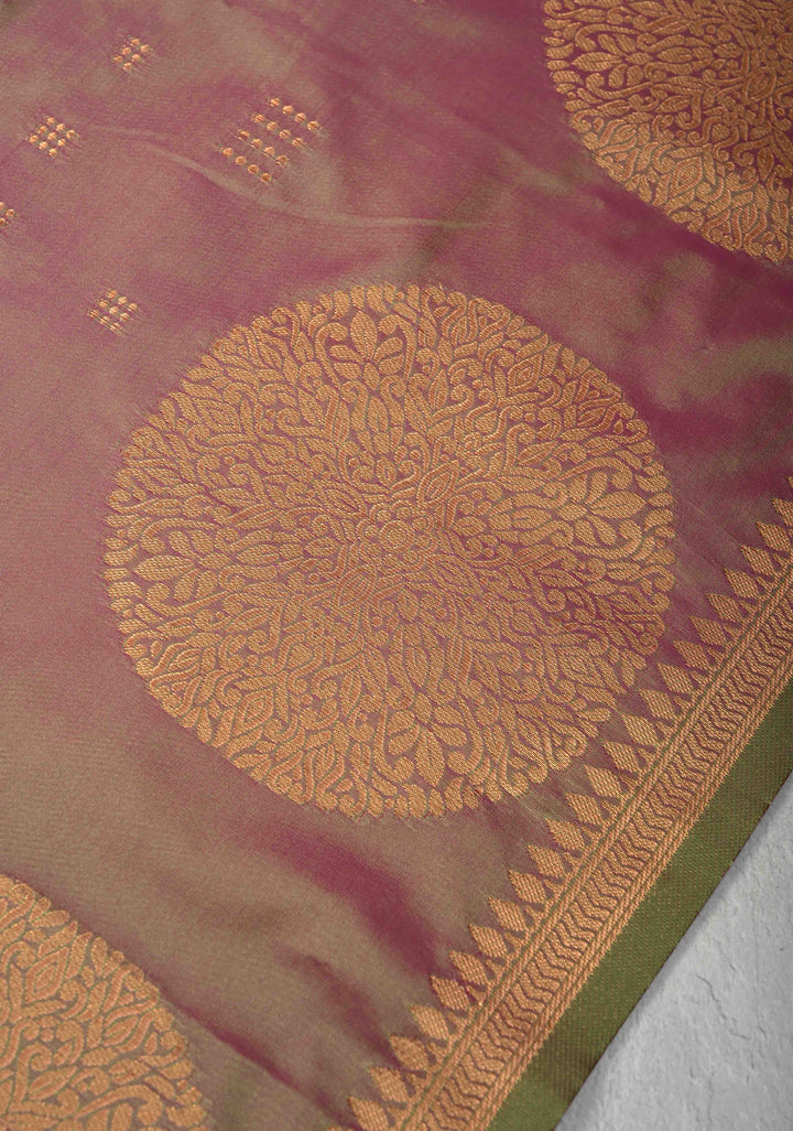 Green Dual tone Kanchi Semi Silk Saree with Zari Buttas and Mandala Motifs on Minimal Zari Border