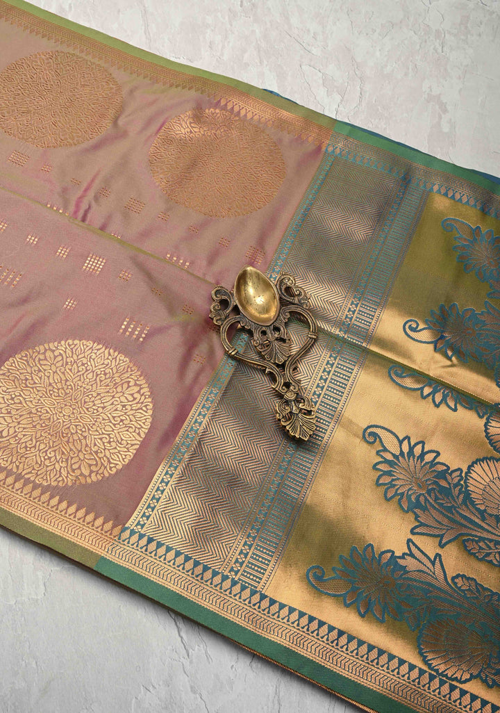 Green Dual tone Kanchi Semi Silk Saree with Zari Buttas and Mandala Motifs on Minimal Zari Border