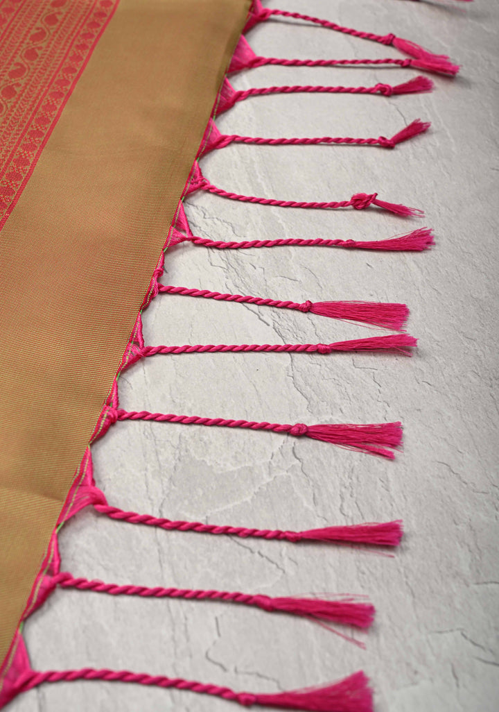 Rani Pink Kanchi Semi Silk Saree with Peacock Buttas and Contrast Zari Border