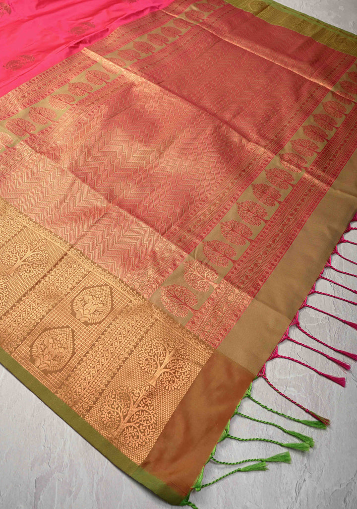 Rani Pink Kanchi Semi Silk Saree with Peacock Buttas and Contrast Zari Border