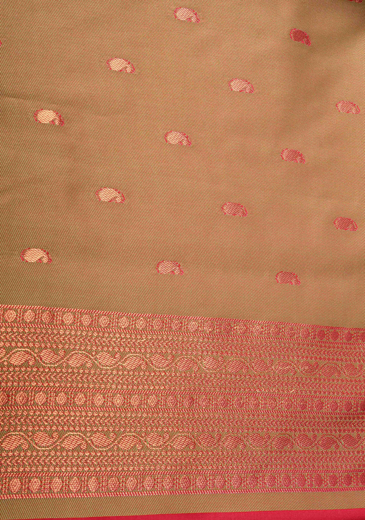 Rani Pink Kanchi Semi Silk Saree with Peacock Buttas and Contrast Zari Border