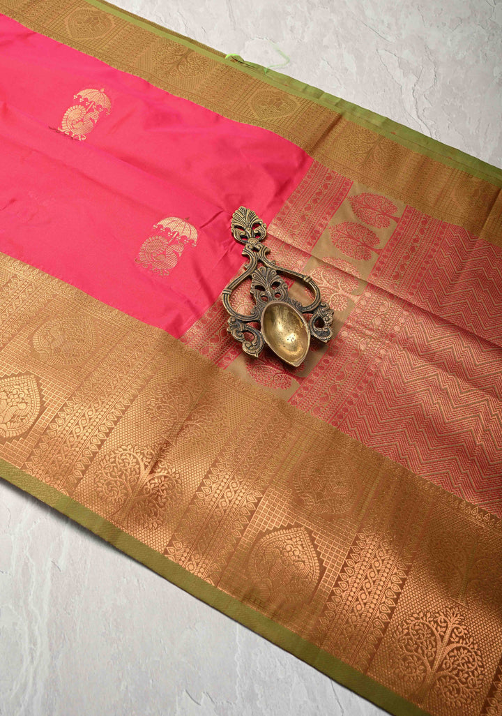 Rani Pink Kanchi Semi Silk Saree with Peacock Buttas and Contrast Zari Border
