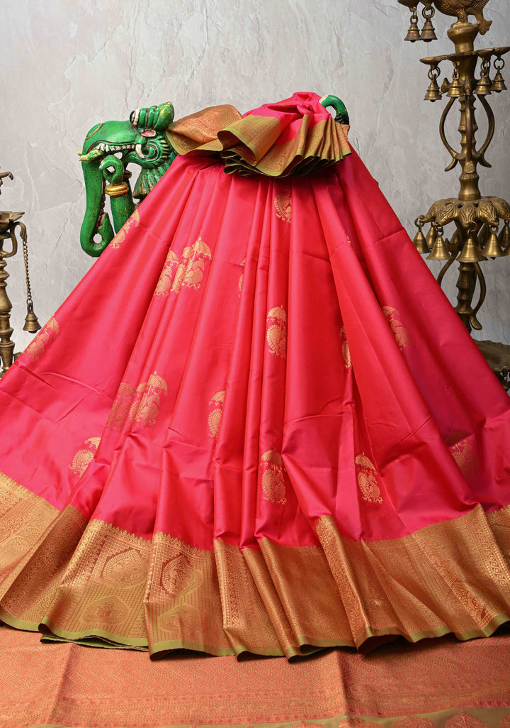 Rani Pink Kanchi Semi Silk Saree with Peacock Buttas and Contrast Zari Border