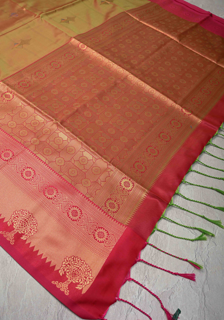 Green Dual tone Kanchi Semi Silk Saree with Meenakari Buttas and Zari Border