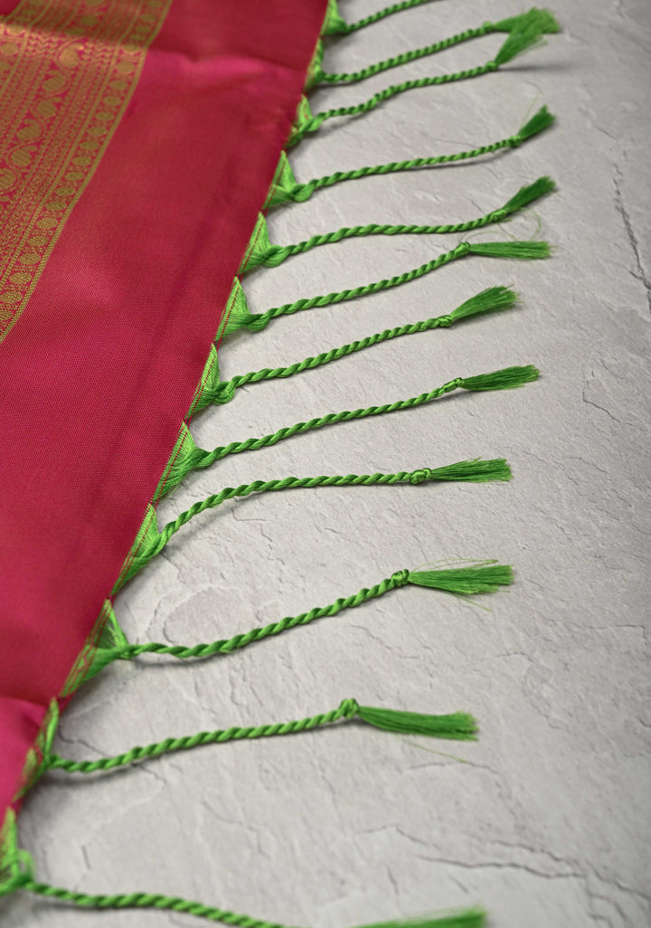 Green Dual tone Kanchi Semi Silk Saree with Peacock Buttas and Contrast Zari Border