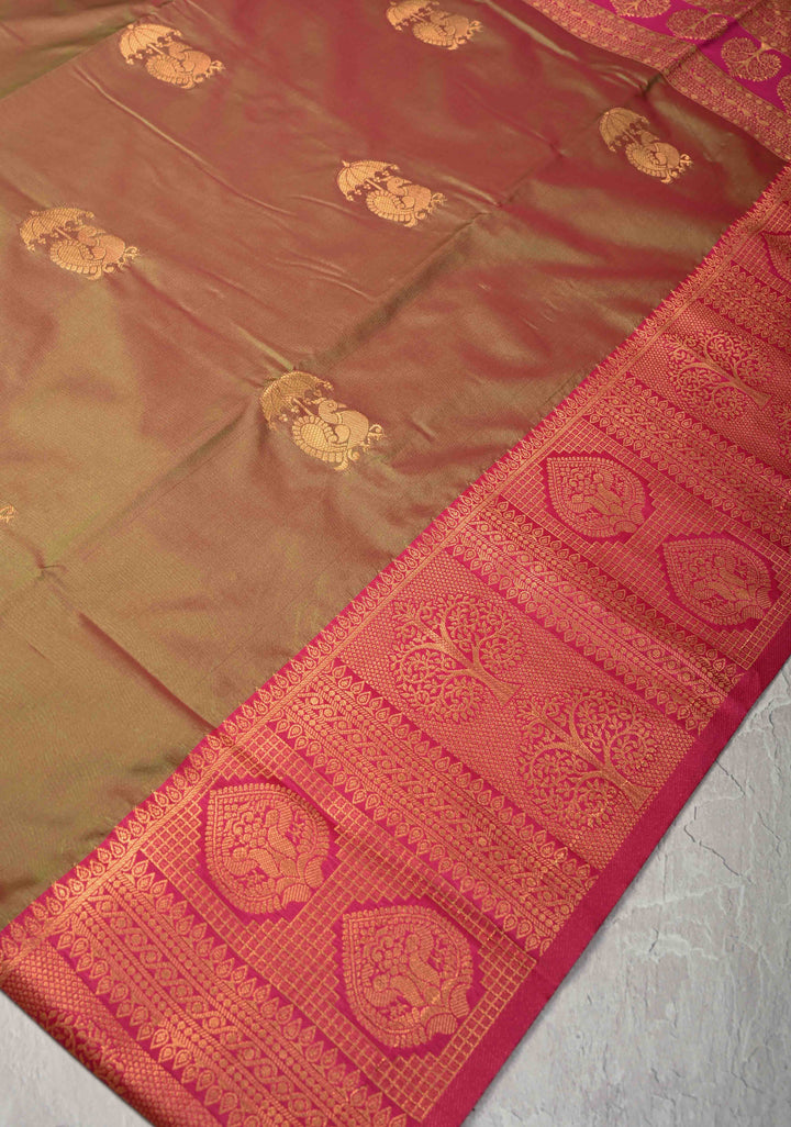 Green Dual tone Kanchi Semi Silk Saree with Peacock Buttas and Contrast Zari Border