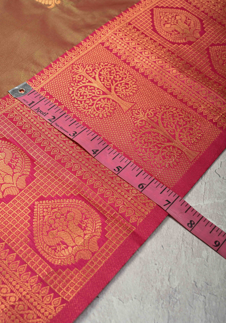 Green Dual tone Kanchi Semi Silk Saree with Peacock Buttas and Contrast Zari Border