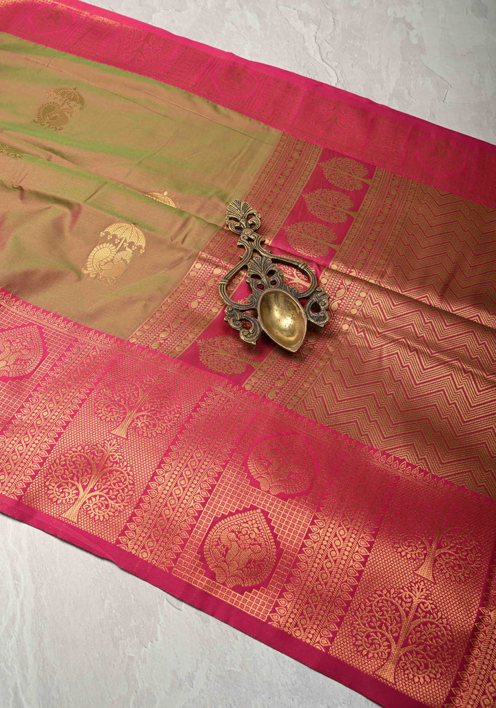 Green Dual tone Kanchi Semi Silk Saree with Peacock Buttas and Contrast Zari Border