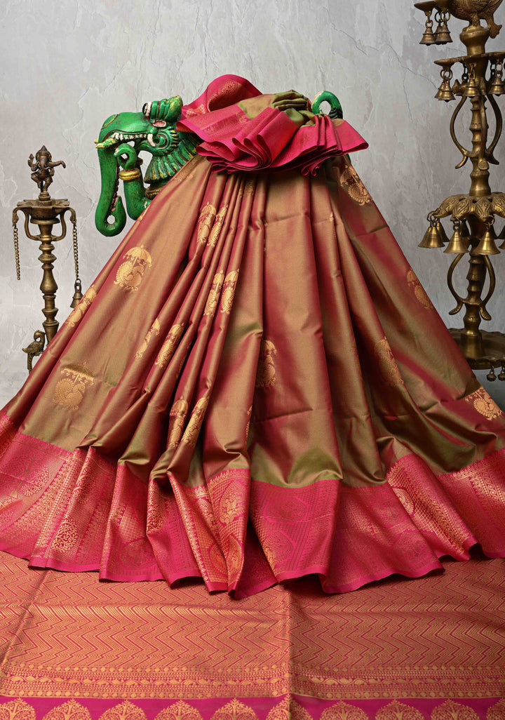 Green Dual tone Kanchi Semi Silk Saree with Peacock Buttas and Contrast Zari Border