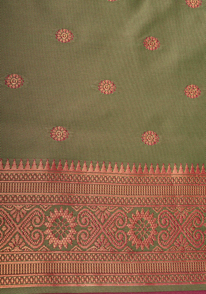 Magenta Kanchi Semi Silk Saree with Meenakari Floral Buttas and Zari Border