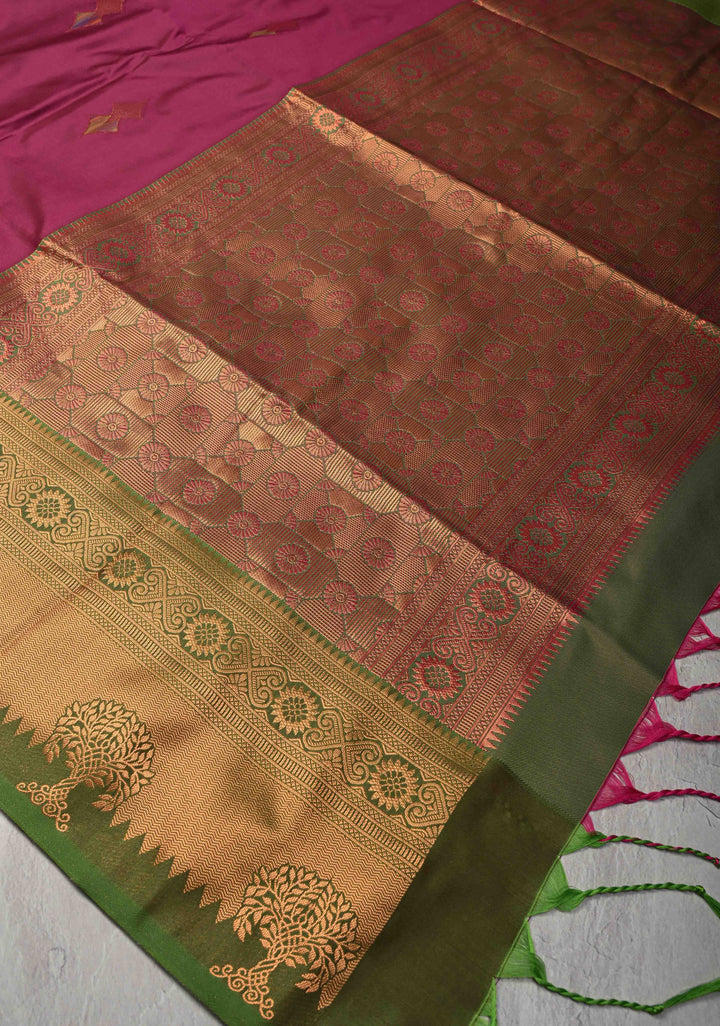Magenta Kanchi Semi Silk Saree with Meenakari Floral Buttas and Zari Border