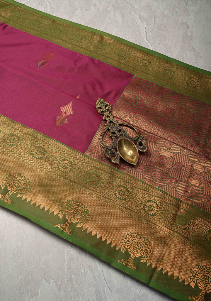 Magenta Kanchi Semi Silk Saree with Meenakari Floral Buttas and Zari Border
