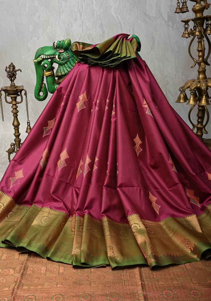 Magenta Kanchi Semi Silk Saree with Meenakari Floral Buttas and Zari Border