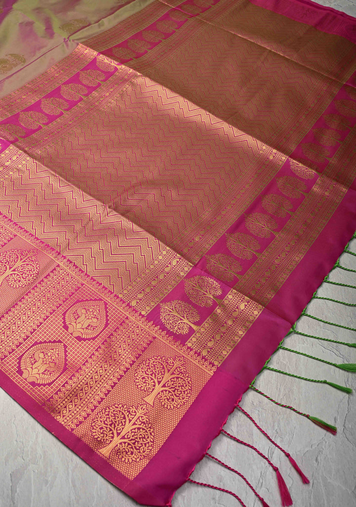Green Dual tone Kanchi Semi Silk Saree with Peacock Buttas and Zari Border