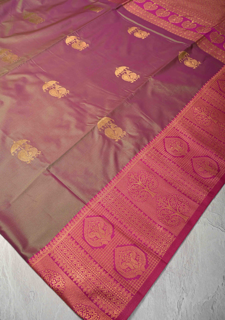 Green Dual tone Kanchi Semi Silk Saree with Peacock Buttas and Zari Border