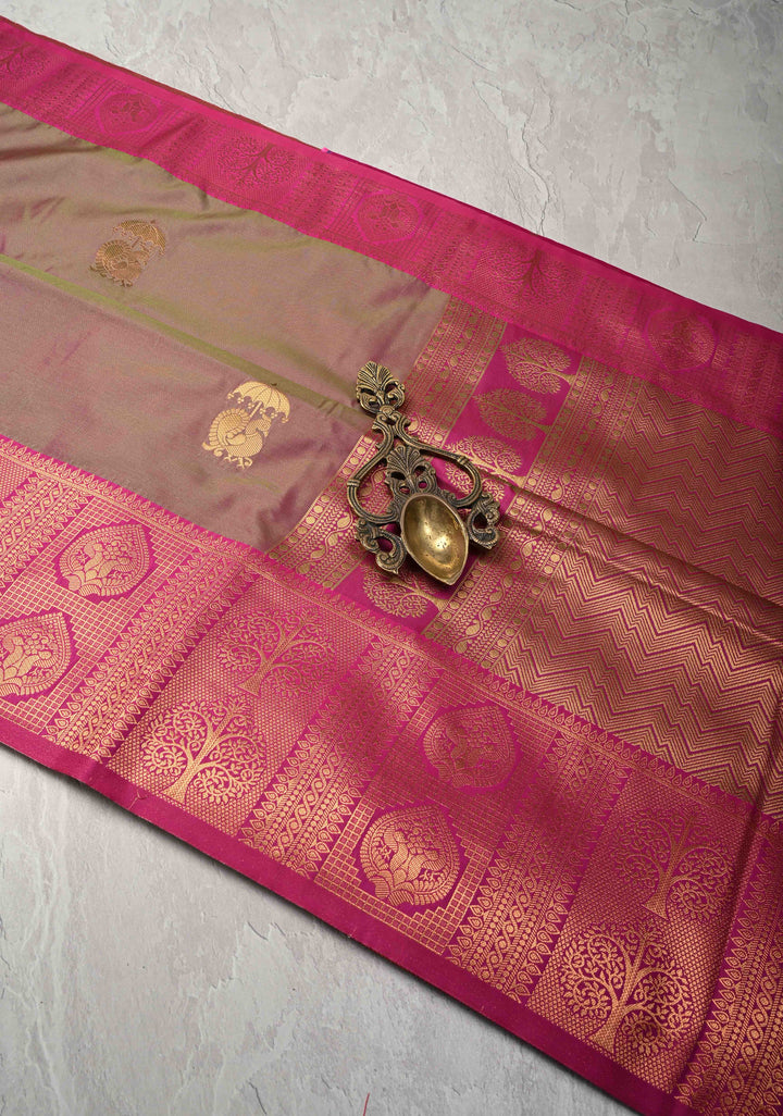 Green Dual tone Kanchi Semi Silk Saree with Peacock Buttas and Zari Border