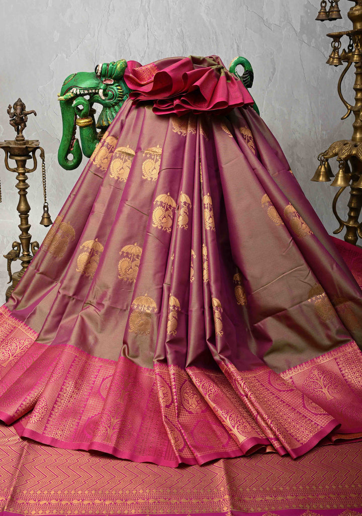 Green Dual tone Kanchi Semi Silk Saree with Peacock Buttas and Zari Border