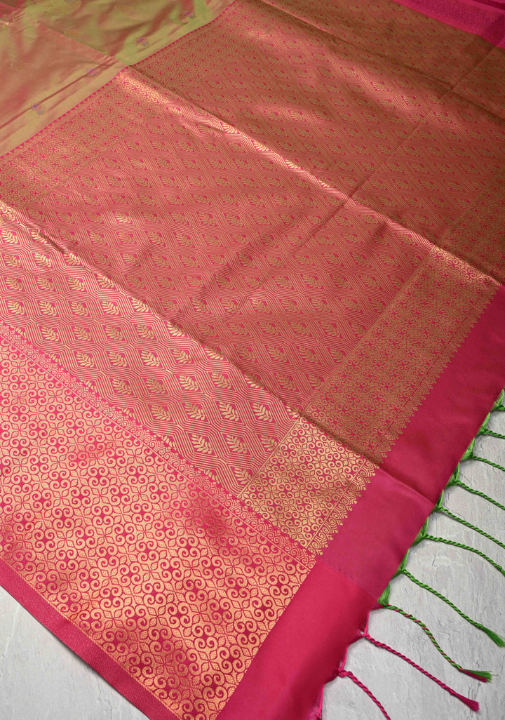 Green Pink Dual tone Kanchi Semi Silk Saree with Meenakari Floral Buttas and Zari Border