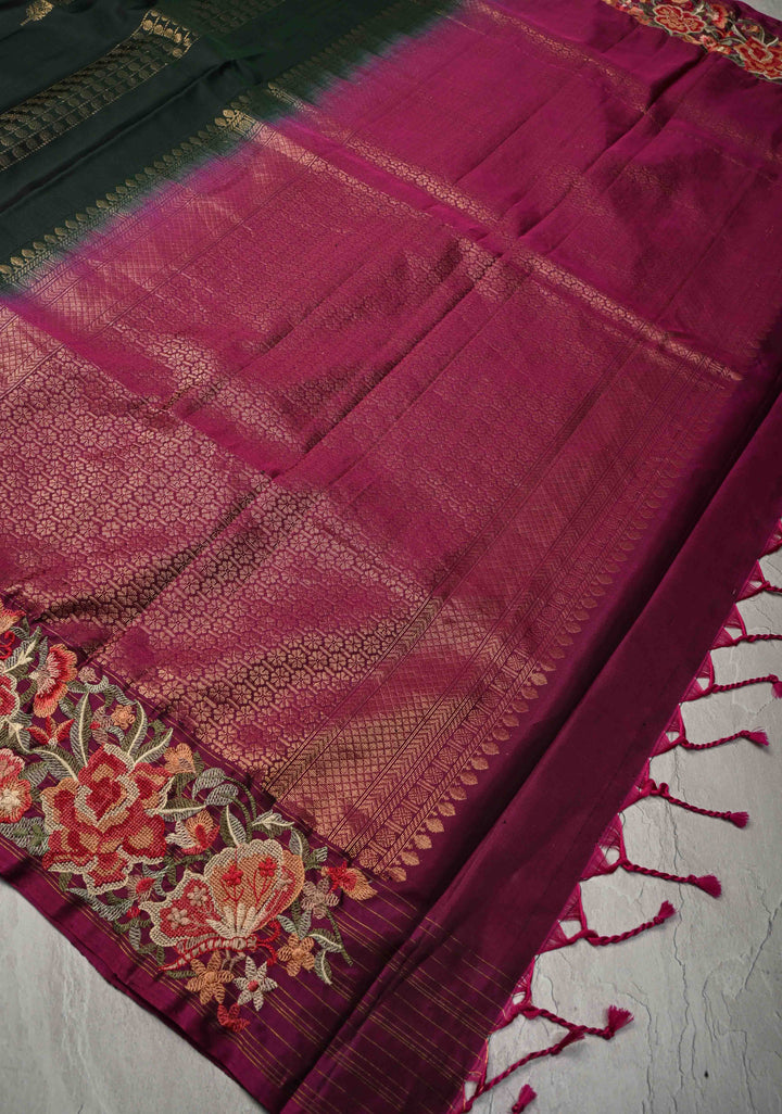 Deep Green Kanjivaram Soft Silk Saree with Cross Stitch Machine Embroidery Border and Zari Buttas | SILK MARK CERTIFIED