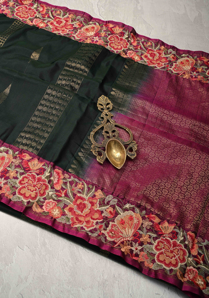 Deep Green Kanjivaram Soft Silk Saree with Cross Stitch Machine Embroidery Border and Zari Buttas | SILK MARK CERTIFIED