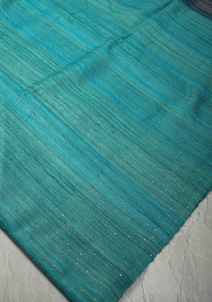 Turquoise Geecha Tussar Saree with woven sequins | SILK MARK CERTIFIED