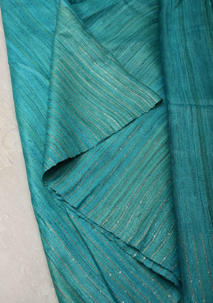 Turquoise Geecha Tussar Saree with woven sequins | SILK MARK CERTIFIED