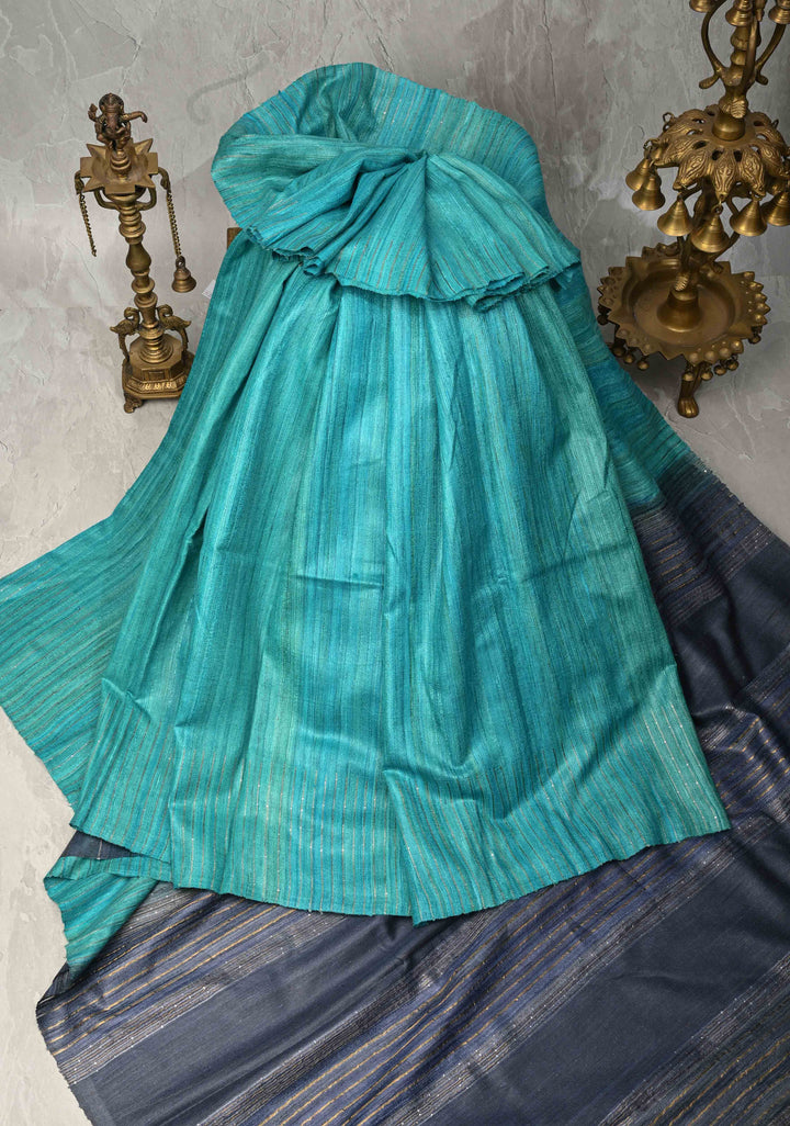 Turquoise Geecha Tussar Saree with woven sequins | SILK MARK CERTIFIED