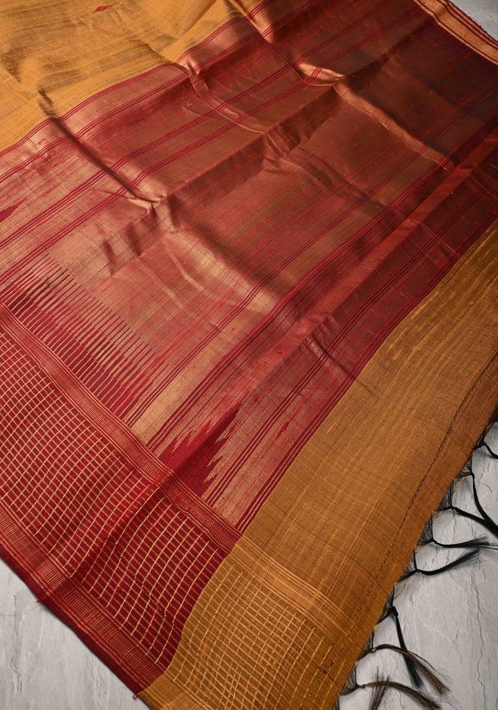 Chhattisgarhi Raw Silk in Ochre and Maroon Handloom Saree with zari Checks and Pallu | SILK MARK CERTIFIED