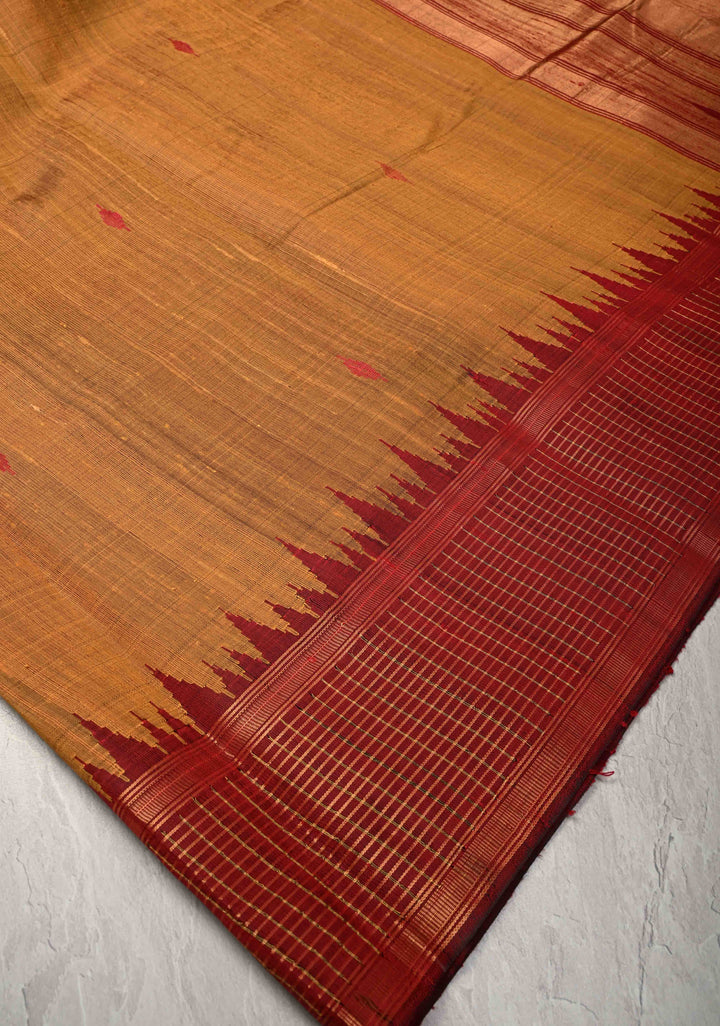Chhattisgarhi Raw Silk in Ochre and Maroon Handloom Saree with zari Checks and Pallu | SILK MARK CERTIFIED