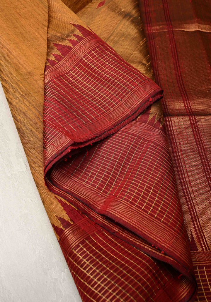 Chhattisgarhi Raw Silk in Ochre and Maroon Handloom Saree with zari Checks and Pallu | SILK MARK CERTIFIED