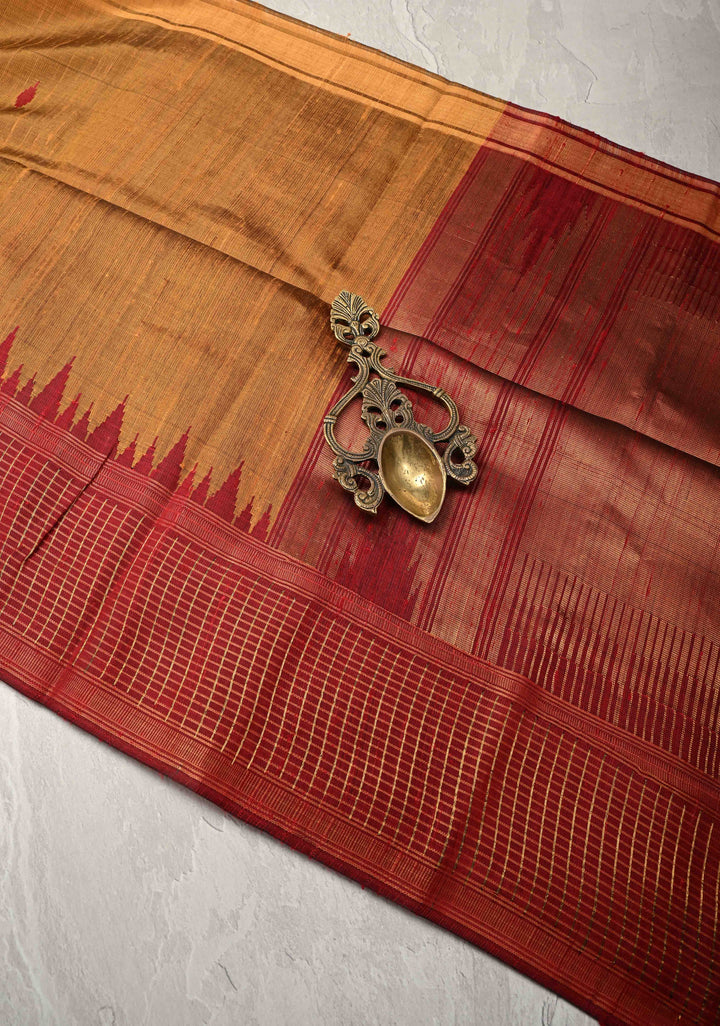 Chhattisgarhi Raw Silk in Ochre and Maroon Handloom Saree with zari Checks and Pallu | SILK MARK CERTIFIED
