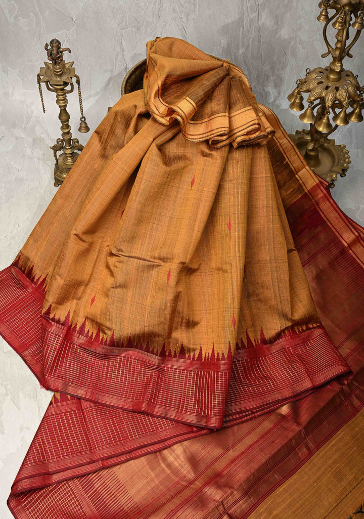 Chhattisgarhi Raw Silk in Ochre and Maroon Handloom Saree with zari Checks and Pallu | SILK MARK CERTIFIED