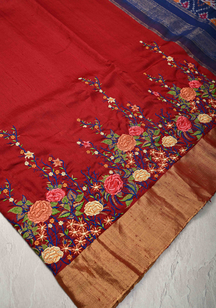 Maroon Pure Raw Silk Saree with Floral Embroidery and Ikkat Pallu and Blouse Piece | SILK MARK CERTIFIED