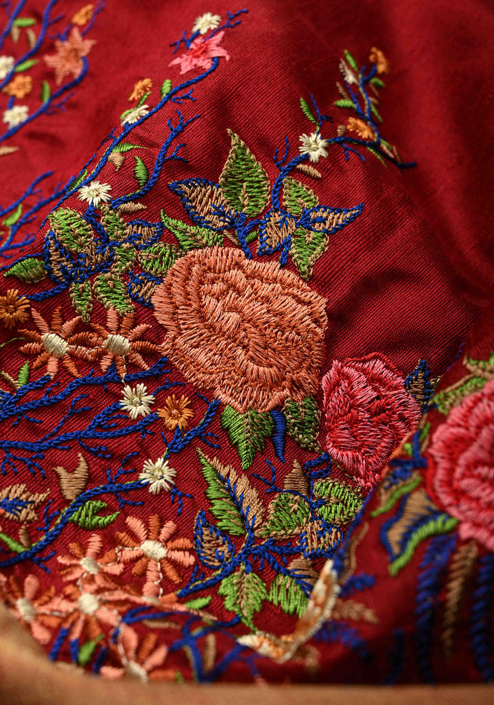 Maroon Pure Raw Silk Saree with Floral Embroidery and Ikkat Pallu and Blouse Piece | SILK MARK CERTIFIED